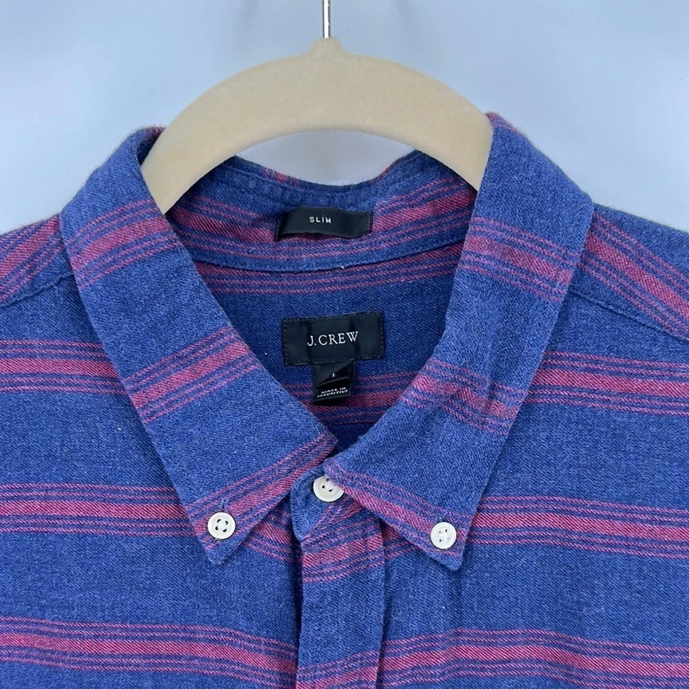 J Crew Mens Slim Fit‎ Cotton Button Down Shirt Navy Red Stripes Size Large